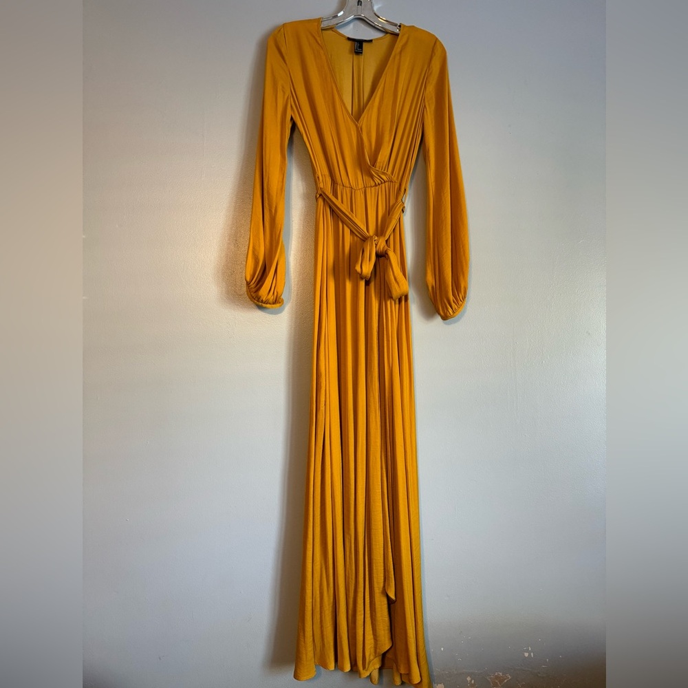 Yellow Flowing Silky Maxi Dress with Long sleeves